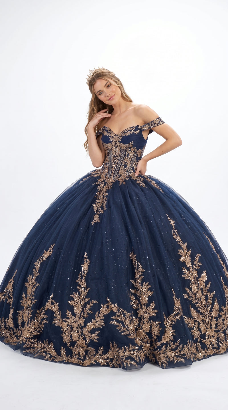 Navy/Gold Off-Shoulder V-Neck Satin Corset Lace Appliqué Ball Gown with Bow by Elizabeth K GL3674