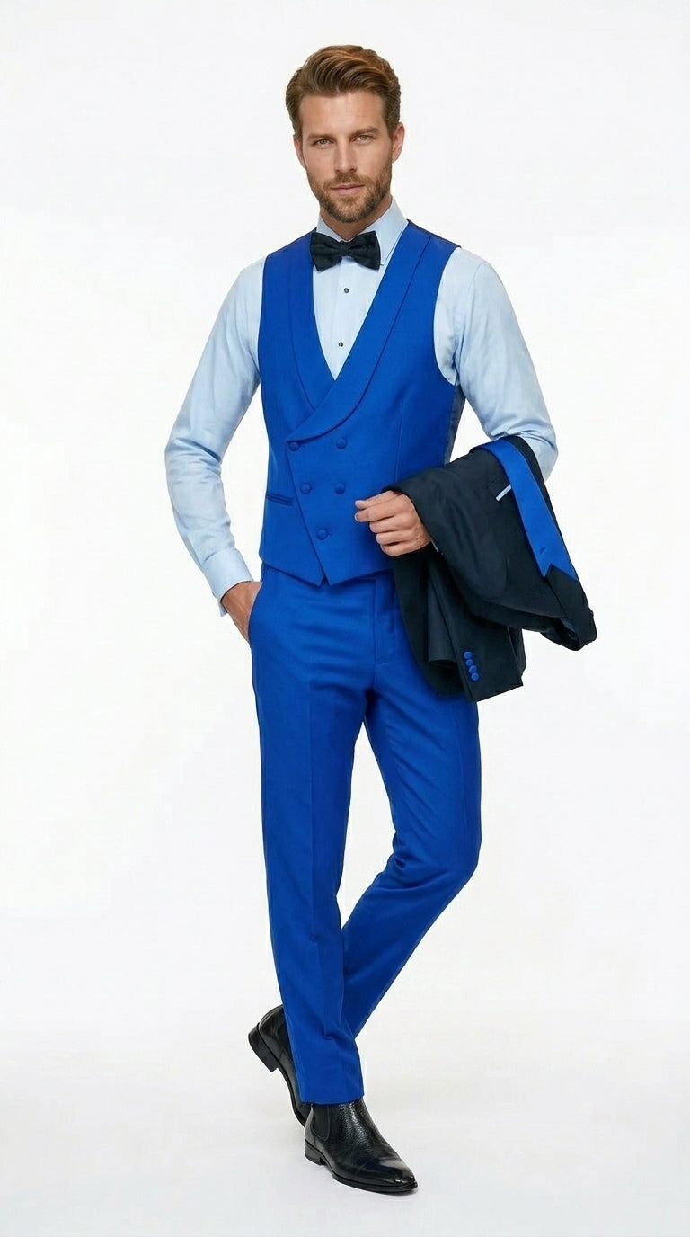 Men’s Black and Royal Blue 100% Wool Vested Tuxedo Suit with Peak Lapel, Wedding Prom Formal Suit Set