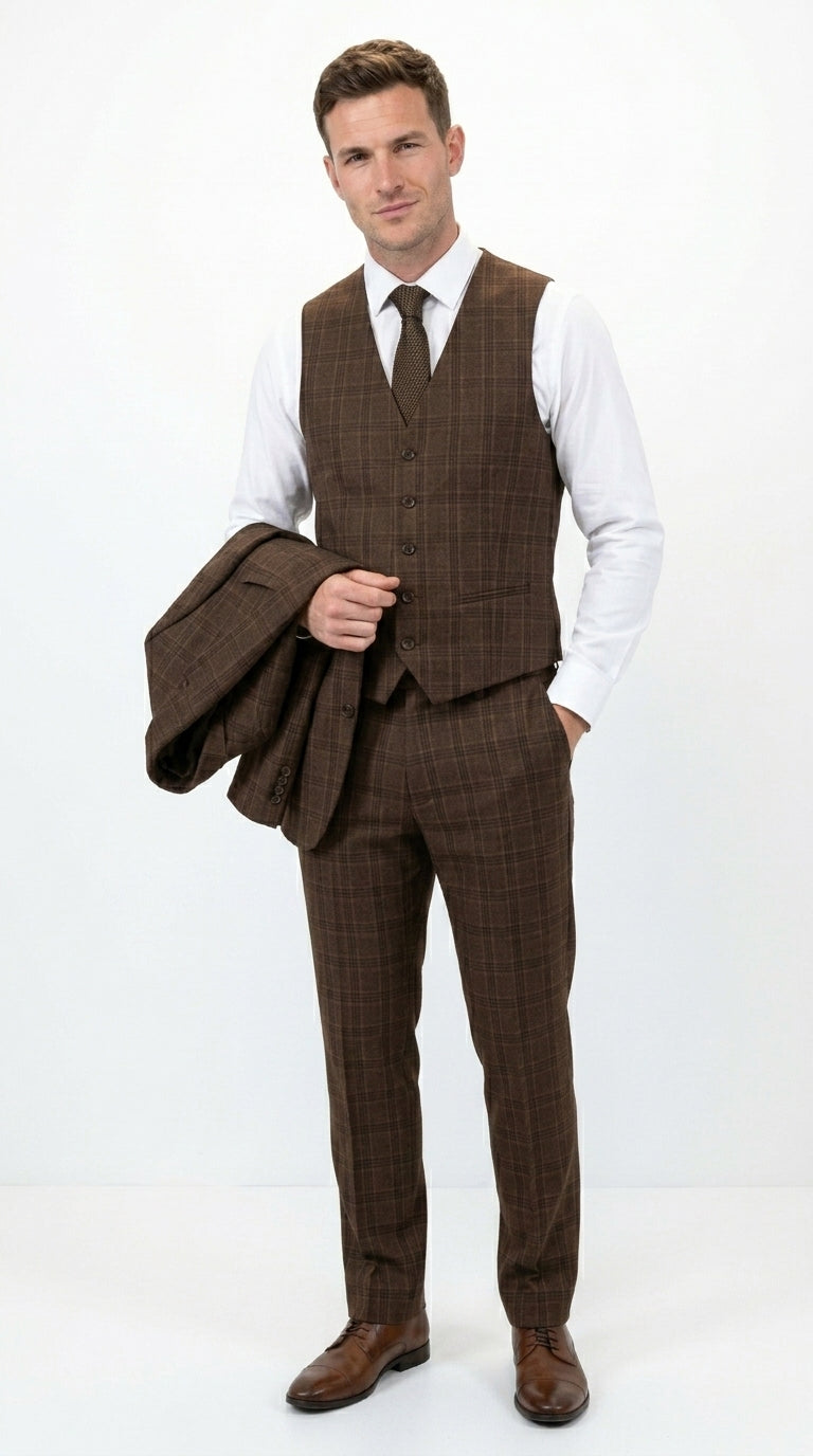 Men’s Brown Windowpane Plaid 3 Piece Suit, Classic Formal Wedding Business Dress Suit Set