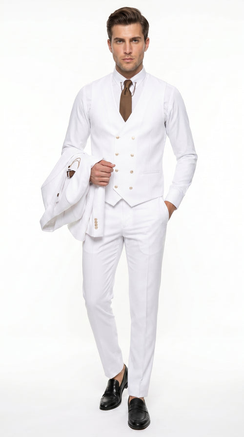 Men’s White and Gold Prom Tuxedo Suit with Double Breasted Vest, Formal Wedding Suit