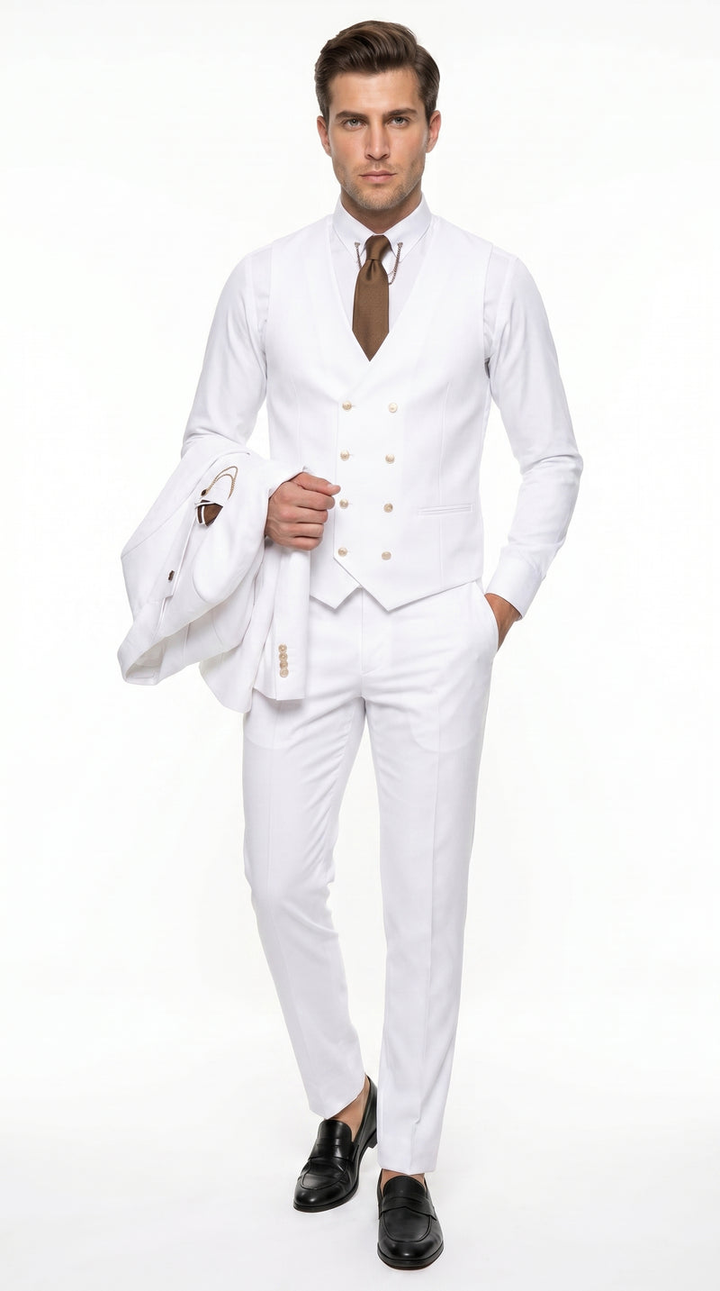 Men’s White and Gold Prom Tuxedo Suit with Double Breasted Vest, Formal Wedding Suit