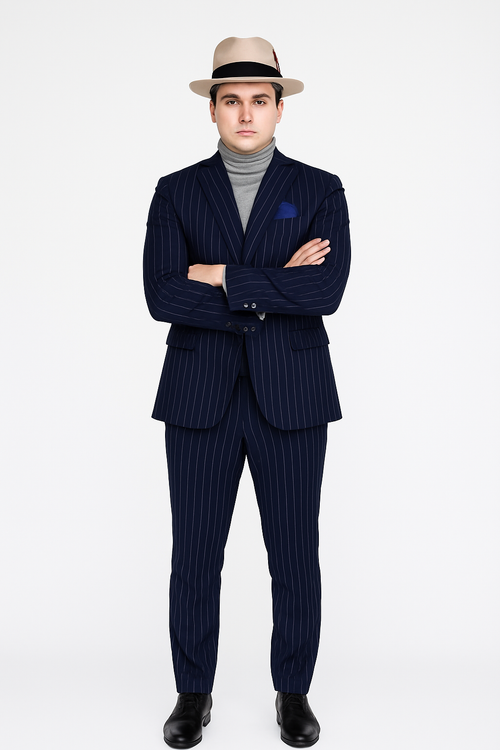 Suit And Turtleneck Combo - Turtleneck Prom Outfits - Prom Turtleneck Navy Suit