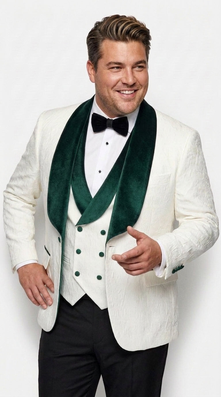Men’s White and Hunter Green Tuxedo Dinner Jacket, Wide Velvet Shawl Lapel Groom Prom Blazer