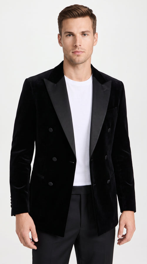 Men’s Black Velvet Double Breasted Blazer with Satin Peak Lapel, Formal Tuxedo Dinner Jacket