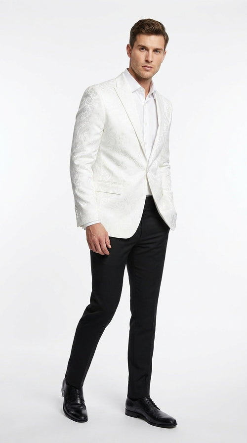 Men’s White Floral Satin Dinner Jacket – Shiny Paisley Tuxedo Blazer for Wedding, Prom, Stage & Party Wear