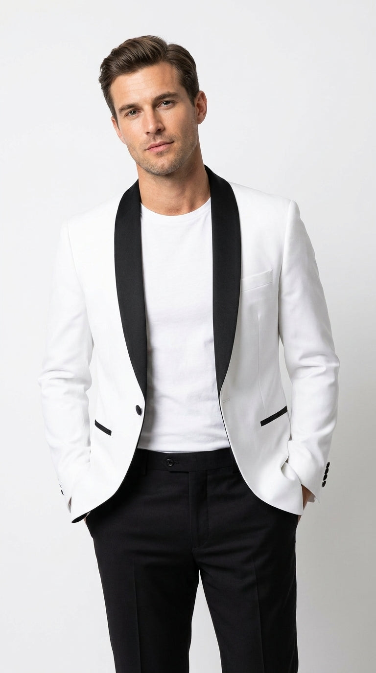 Men’s White Tuxedo Dinner Jacket with Black Shawl Lapel, Formal Wedding Prom Blazer