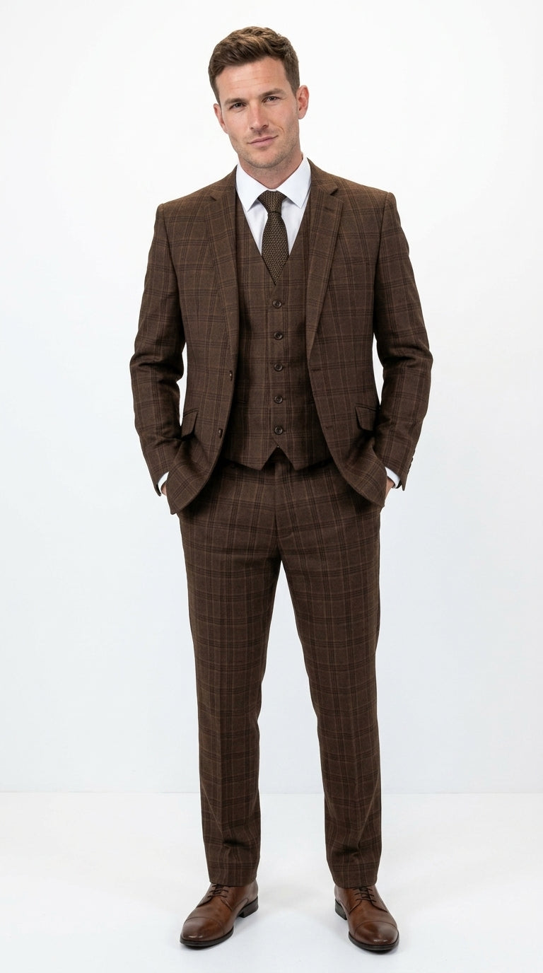Men’s Brown Windowpane Plaid 3 Piece Suit, Classic Formal Wedding Business Dress Suit Set