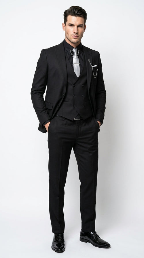 Men’s Black 3 Piece Suit with Double Breasted Vest, Formal Wedding Prom Business Dress Suit Set