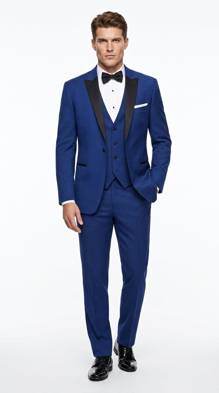 Men’s Cobalt Blue Wedding Tuxedo Set with Black Satin Shawl Lapel and Matching Vest