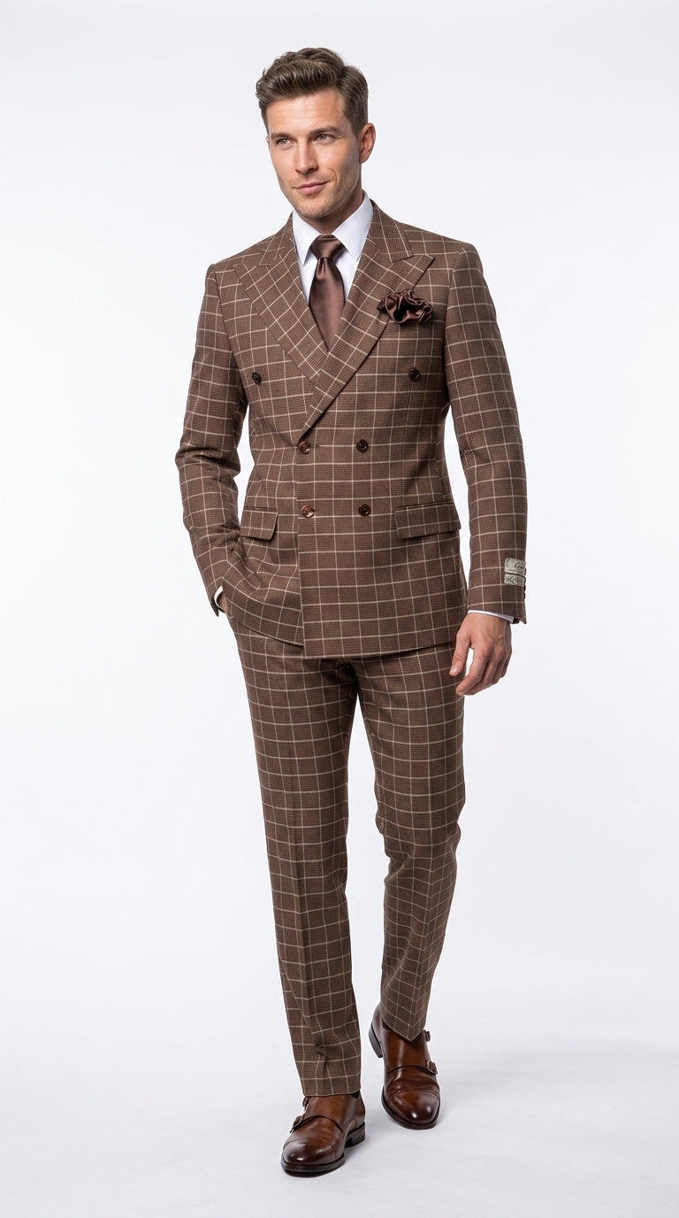 Rossi Man Arthur RM2317 Men’s Brown Windowpane Double Breasted Suit, Formal Dress Suit