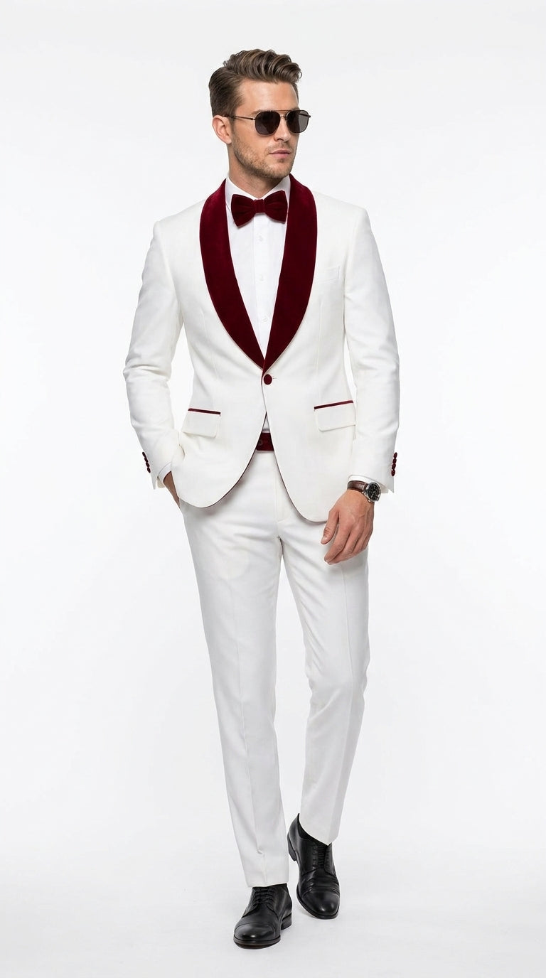 Men’s White and Burgundy Wedding Tuxedo, Formal Groom Prom Shawl Lapel Tuxedo Suit