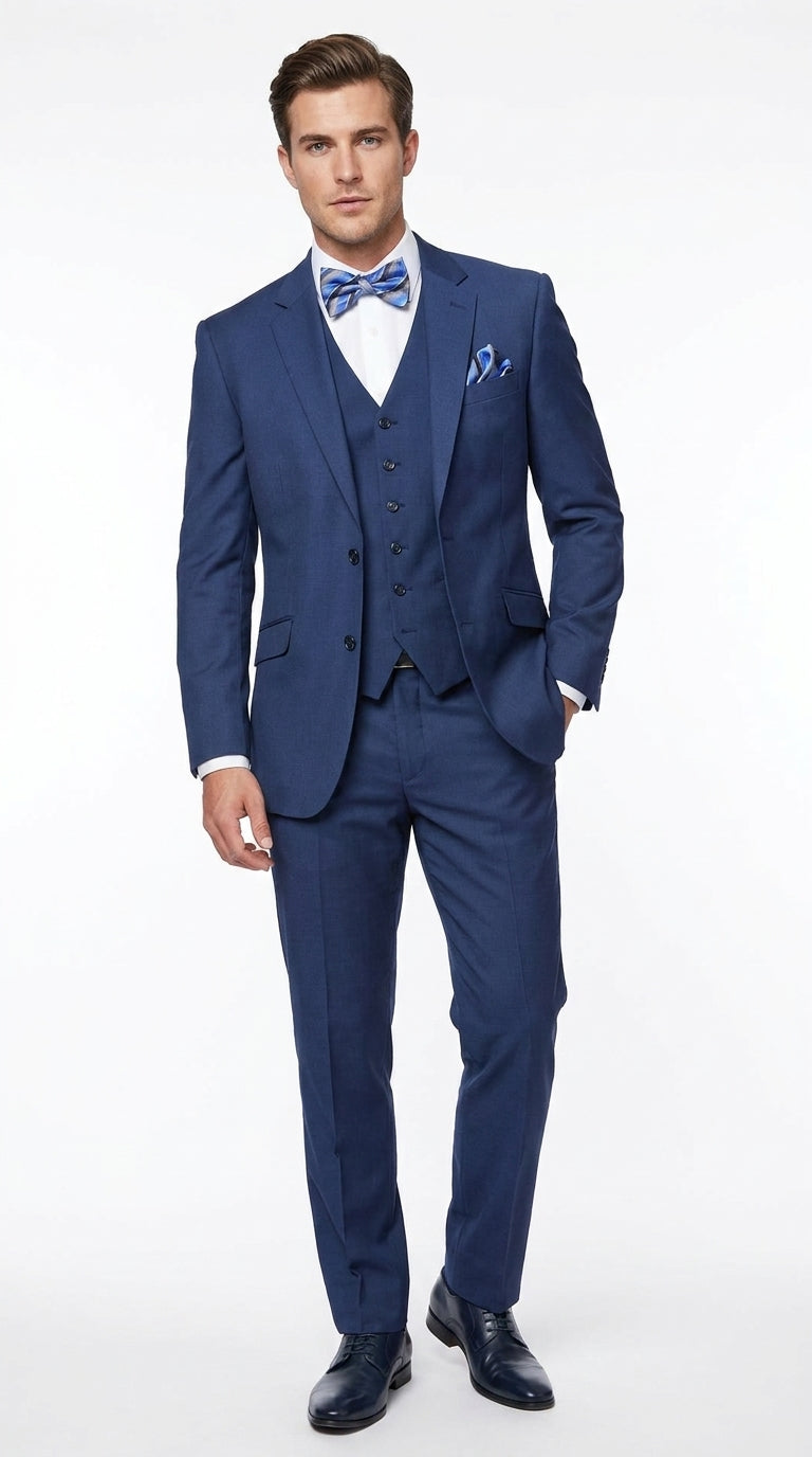 Men’s Big and Tall Indigo Blue 3 Piece Suit, Extra Long Modern Fit Wedding Business Formal Suit