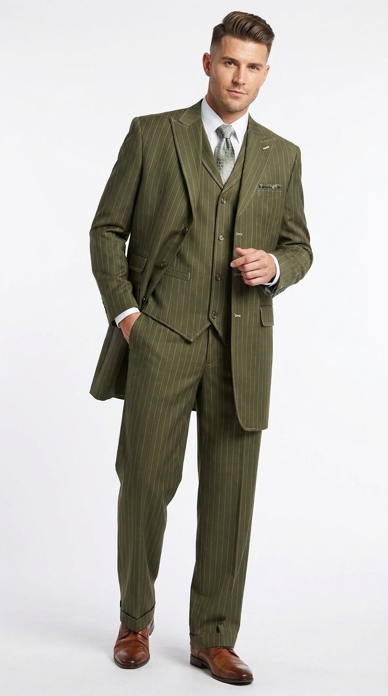 Men’s Big and Tall Olive Pinstripe 3 Piece Suit, Plus Size Long Jacket Formal Wedding Business Suit