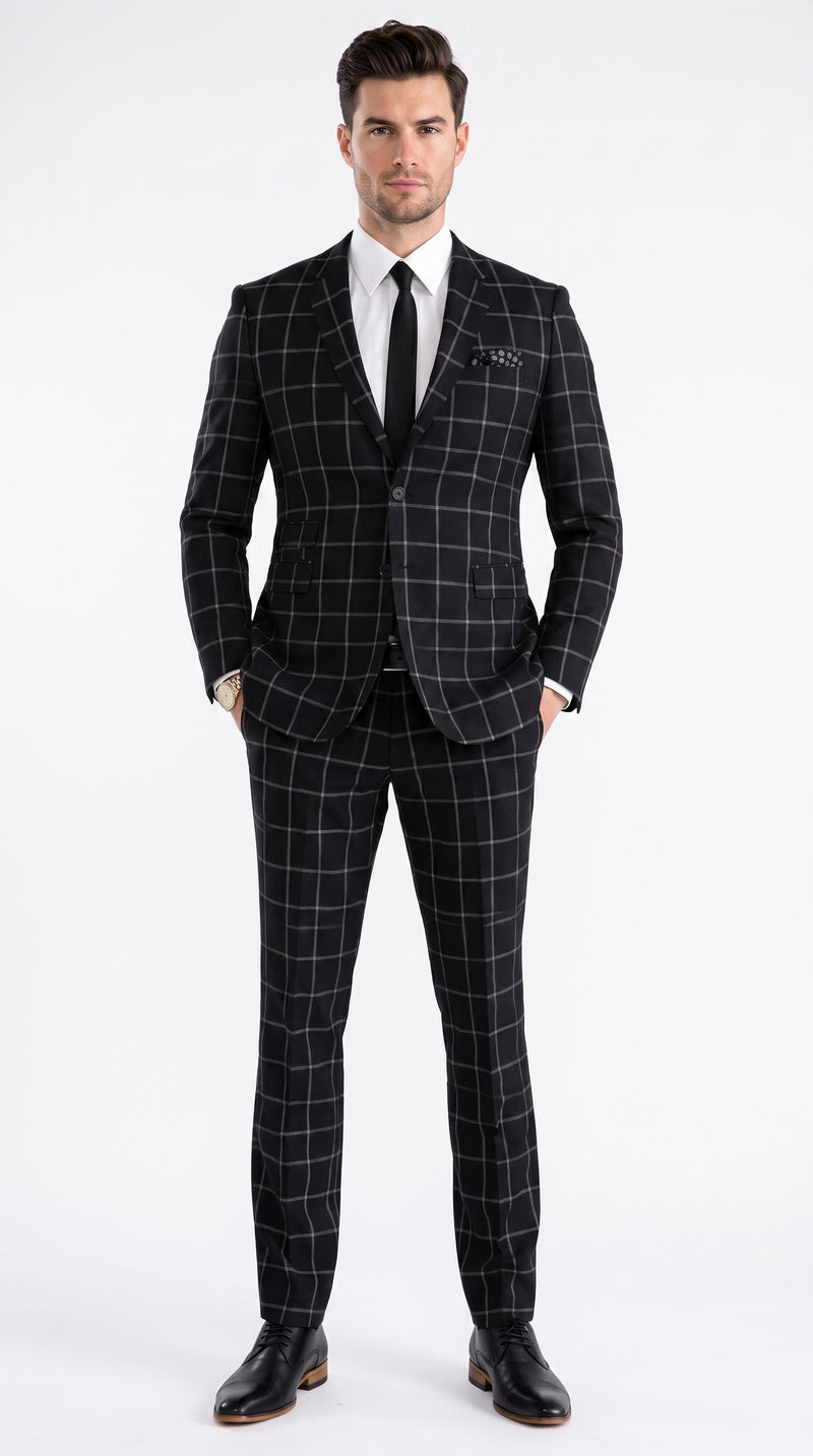 Men’s Black Windowpane Plaid Suit, 1920s Inspired Formal Wedding Prom Dress Suit