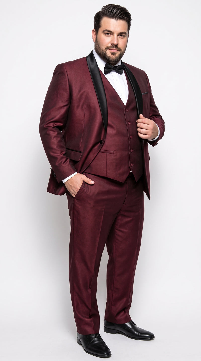 Men's Burgundy Sharkskin 3-Piece Tuxedo Suit – One Button Black Satin Shawl Lapel Vested Wedding & Prom Tuxedo