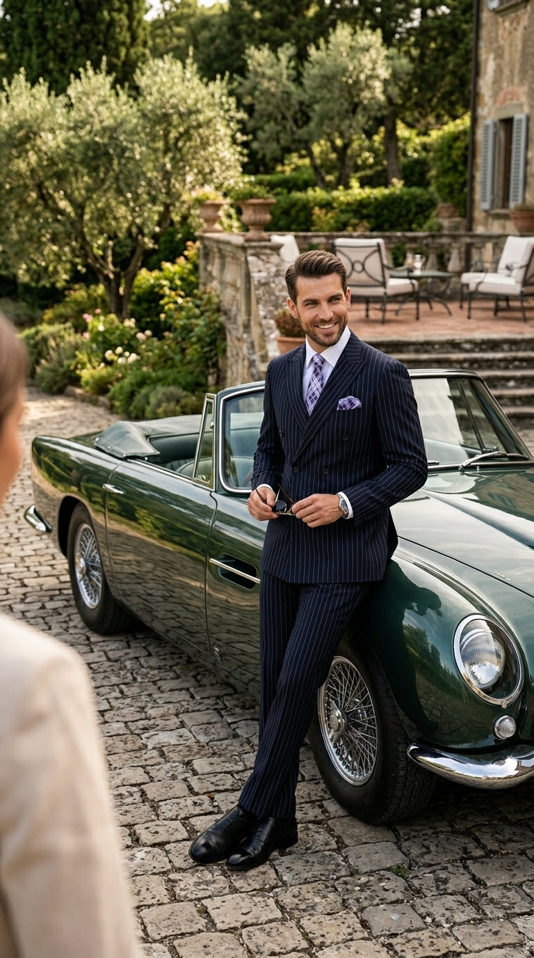 Men’s Navy Pinstripe Double Breasted Suit, Statement Formal Wedding Business Dress Suit
