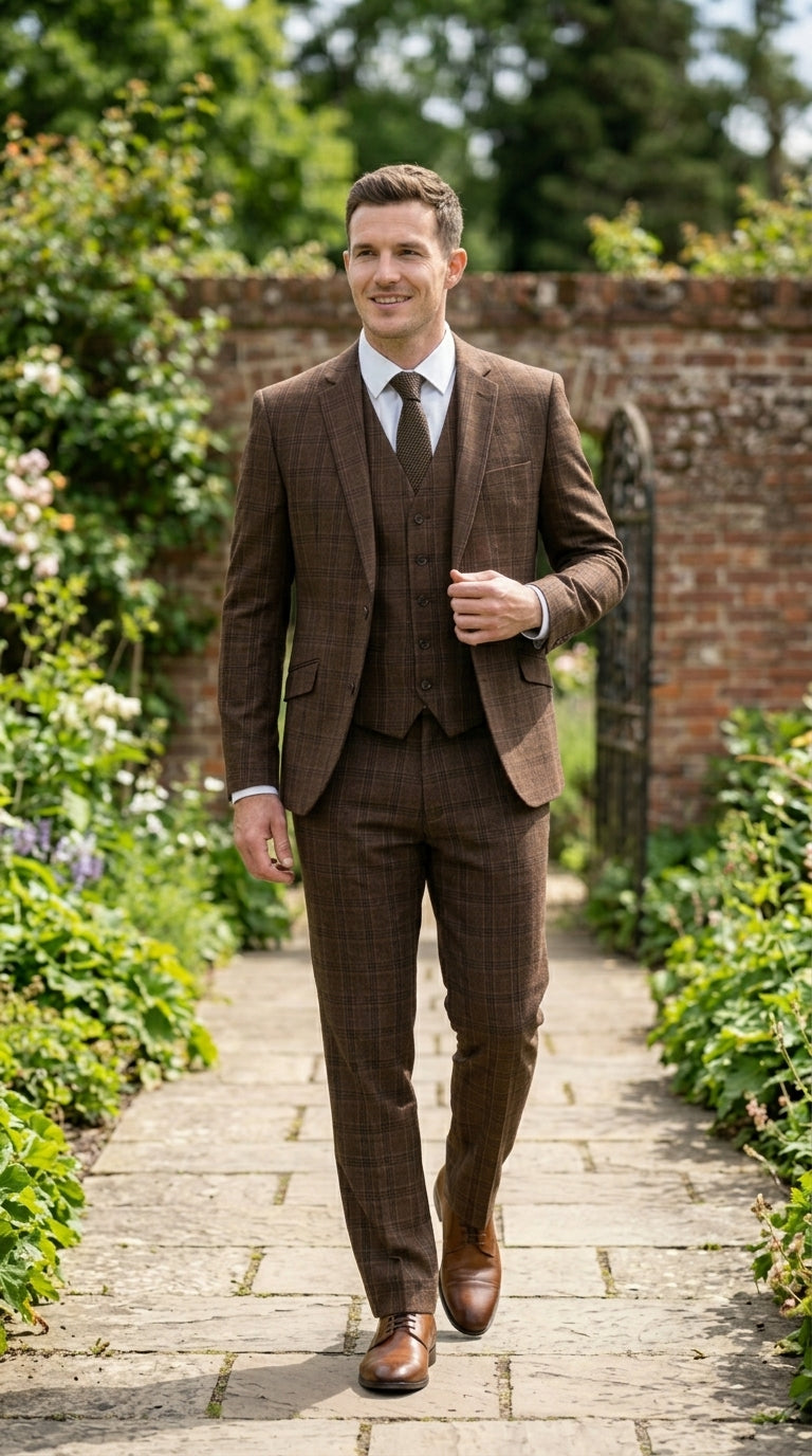Men’s Brown Windowpane Plaid 3 Piece Suit, Classic Formal Wedding Business Dress Suit Set
