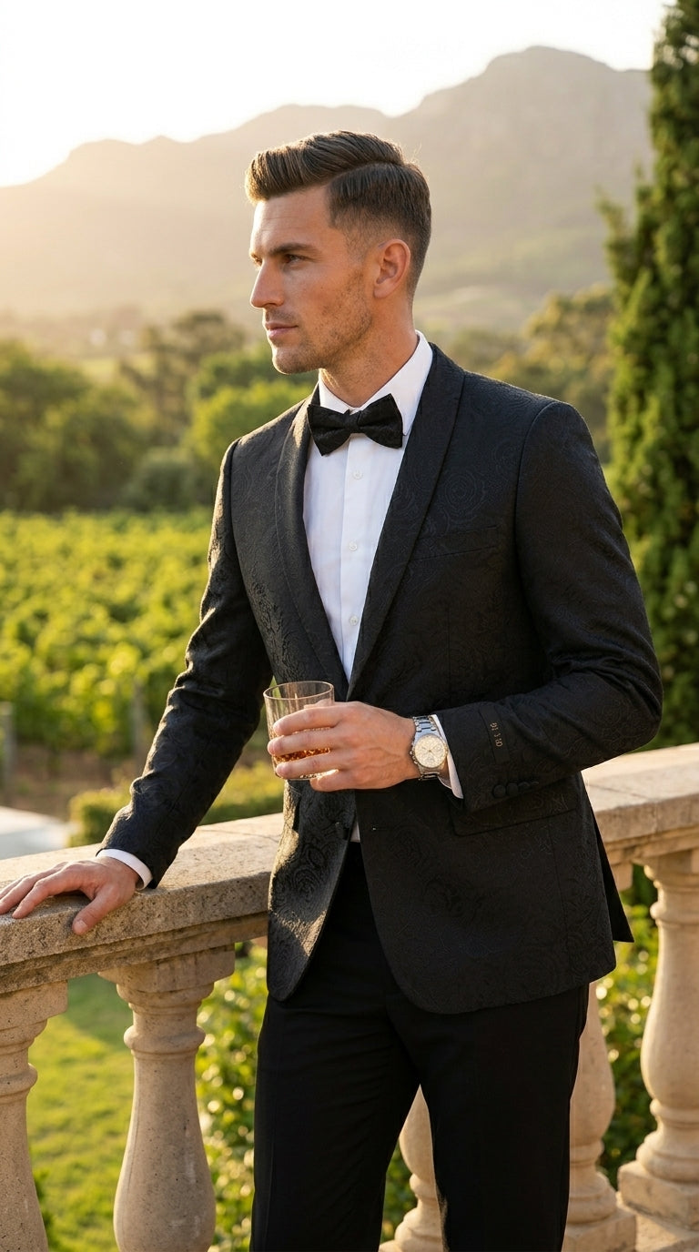 Men’s Black Floral Patterned Tuxedo Jacket, Formal Wedding Prom Dinner Blazer with Shawl Lapel