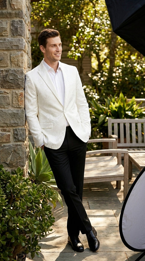 Men’s White Floral Satin Dinner Jacket – Shiny Paisley Tuxedo Blazer for Wedding, Prom, Stage & Party Wear