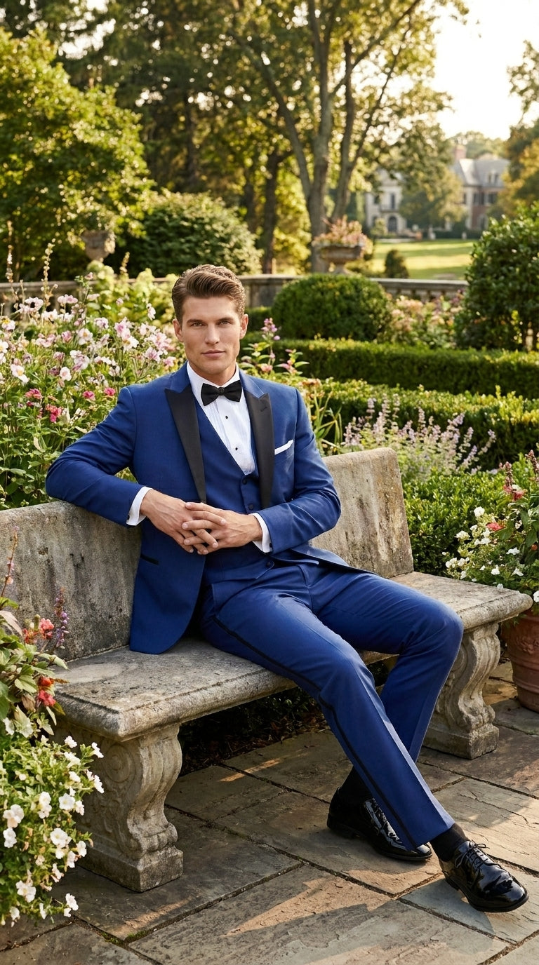 Men’s Cobalt Blue Wedding Tuxedo Set with Black Satin Shawl Lapel and Matching Vest