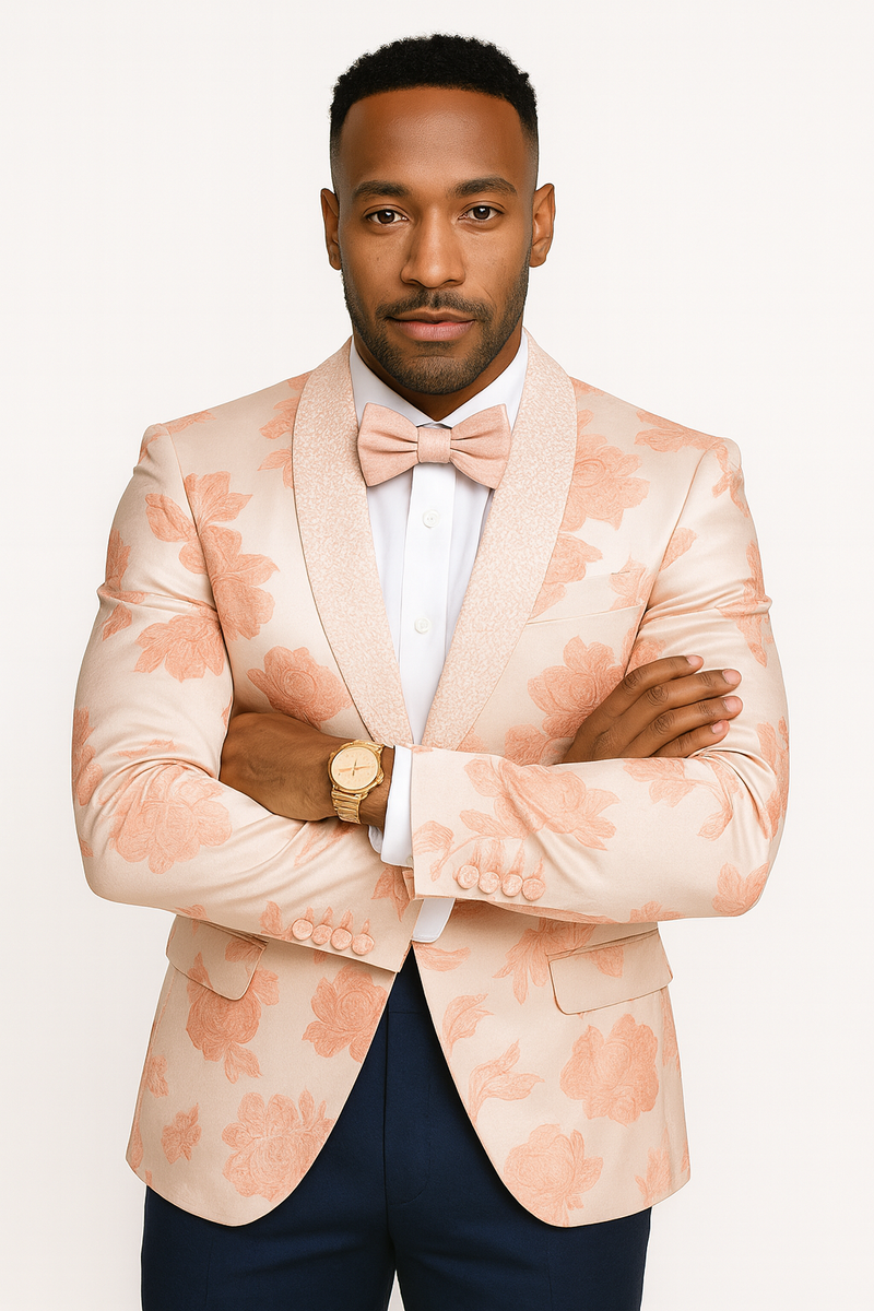 Mens Paisley Jeweled Shawl Prom 2026 Tuxedo in Blush Pink