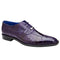 Men's Belvedere Mare dress shoe in purple ostrich leg and eel skin. Pointed toe, textured upper with glossy finish. Decorative lace closure, silver accent. Blue lined interior, black outsole, slight heel.