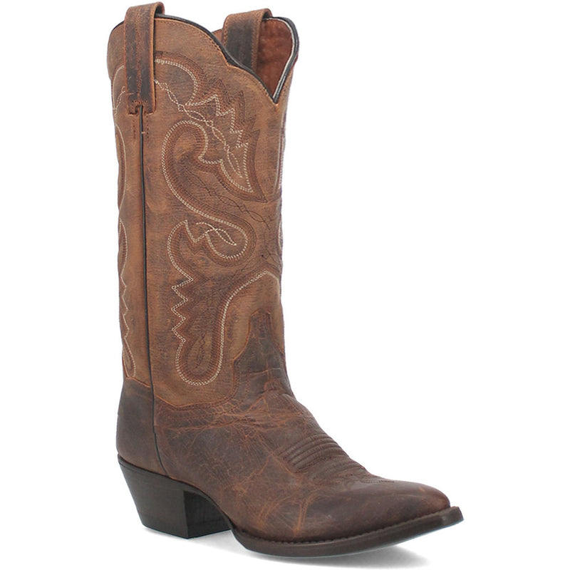 Dan Post Marla Bay Apache women's cowboy boots. Distressed brown leather, round toe, low heel. Intricate shaft stitching, contrasting decorative thread. Side zipper for easy wear.