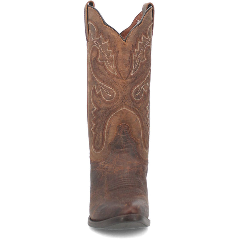 Dan Post Women's Marla Bay Apache cowboy boots. Dark brown distressed leather with intricate stitching, a round toe, and a slightly raised heel. Features a tall shaft with a decorative scalloped top edge.
