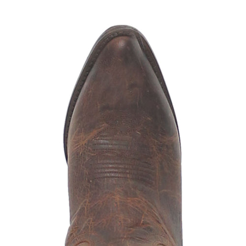 Dan Post Women's Marla Bay Apache Cowboy Boot. Brown leather, round toe with a slight point. Detailed stitching on toe and side. Traditional construction with a darker outsole.