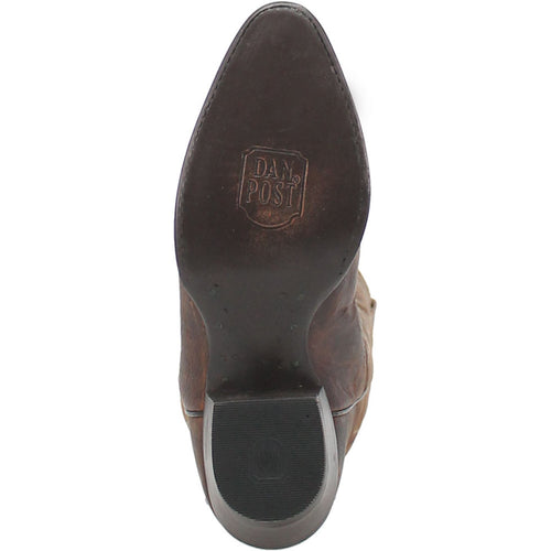 Dan Post Women's Marla Bay Apache cowboy boot. Dark brown leather upper with a rounded toe and stitched detailing. Rubber sole with embossed logo and a slight heel.