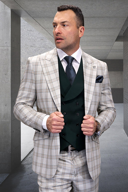 Men's designer wool suit in light beige with windowpane plaid. Single-button jacket, fitted shape, and structured shoulders. Hunter green double-breasted vest with tailored fit adds contrast. Notch lapel.