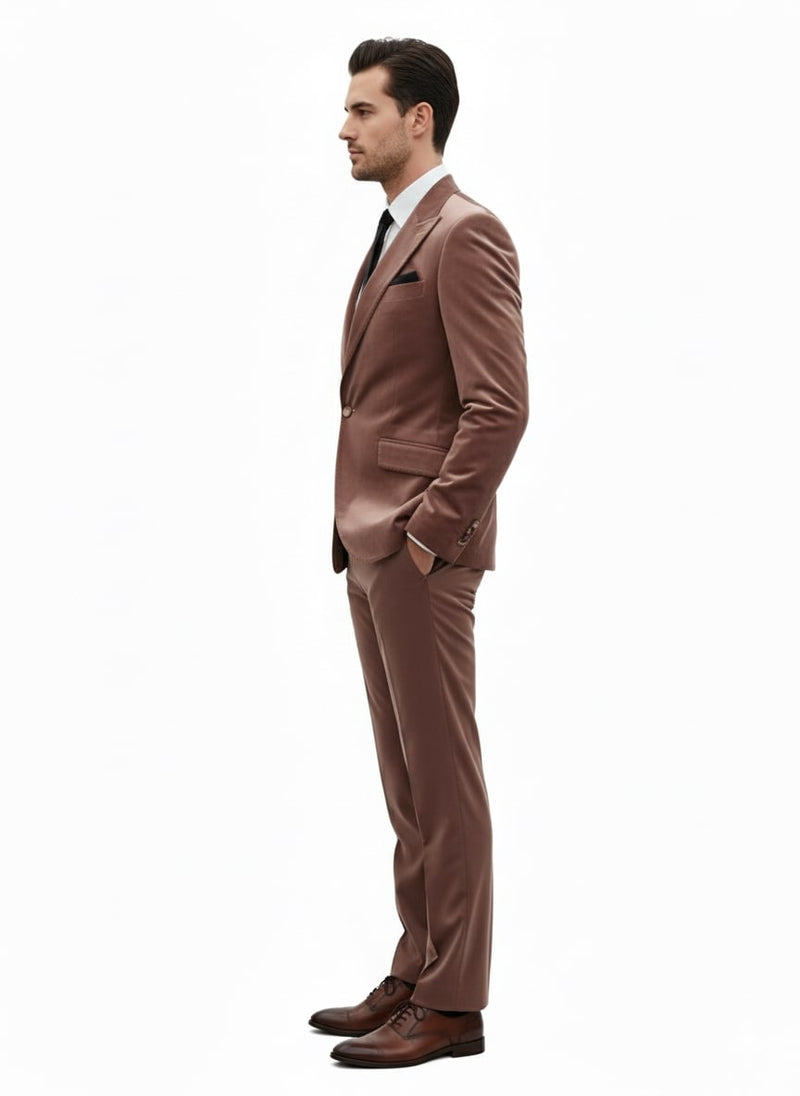 Light brown, ultra-slim fit mauve velvet suit. Two-piece set: blazer (single-button, notch lapel, side pockets) and matching trousers. Trousers are ankle-length.
