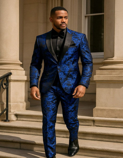Mens Royal Blue and Black Floral Tuxedo Suit Slim Fit 2 Piece Formal Outfit with Matching Bow Tie