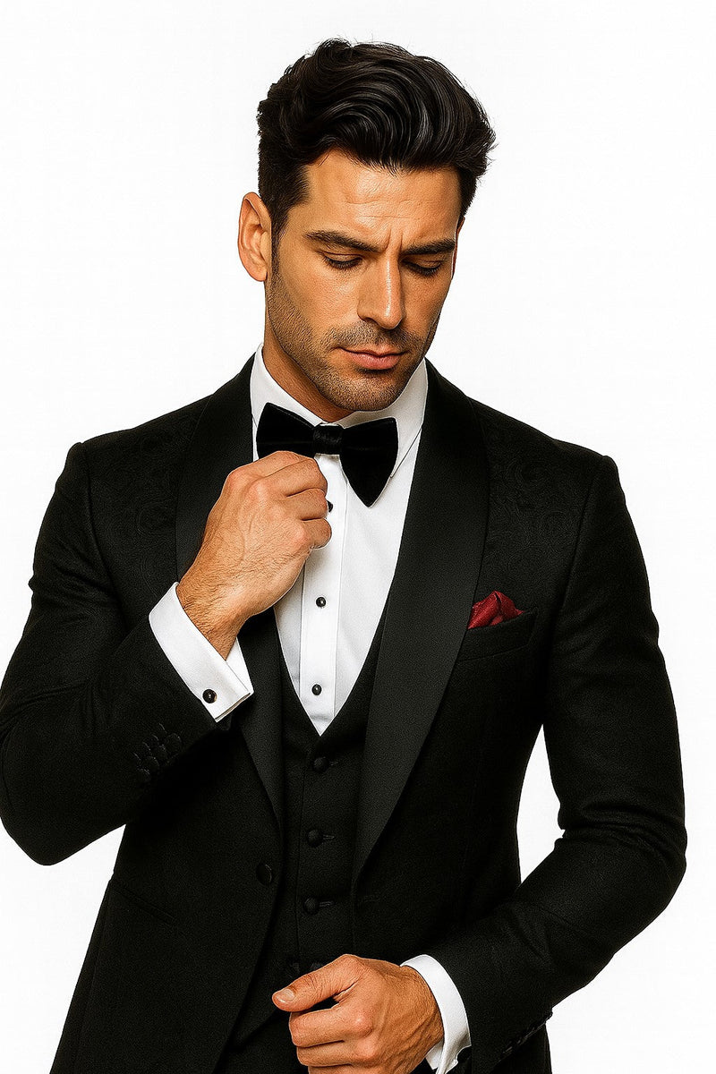 Men One Button Floral All Black Tuxedo with Shawl Lapel – 3 Piece