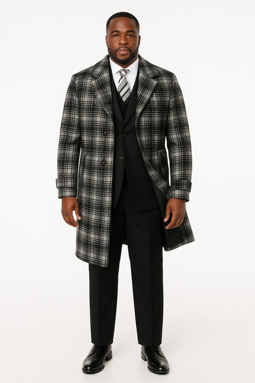 Men's Black and White Windowpane Plaid Overcoat – Classic Full Length Wool Blend Dress Coat
