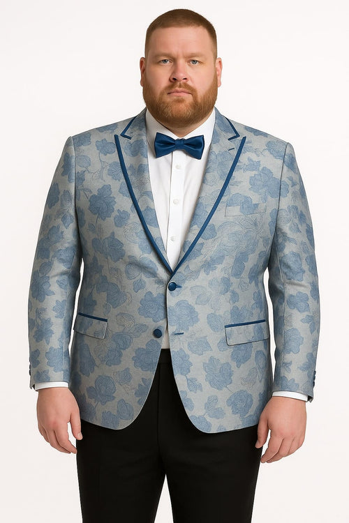 Men's Blue and Gray Tuxedo - Sky Blue Paisley Embroidered Dinner Jacket Jacket with Satin Trim and Matching Bow Tie