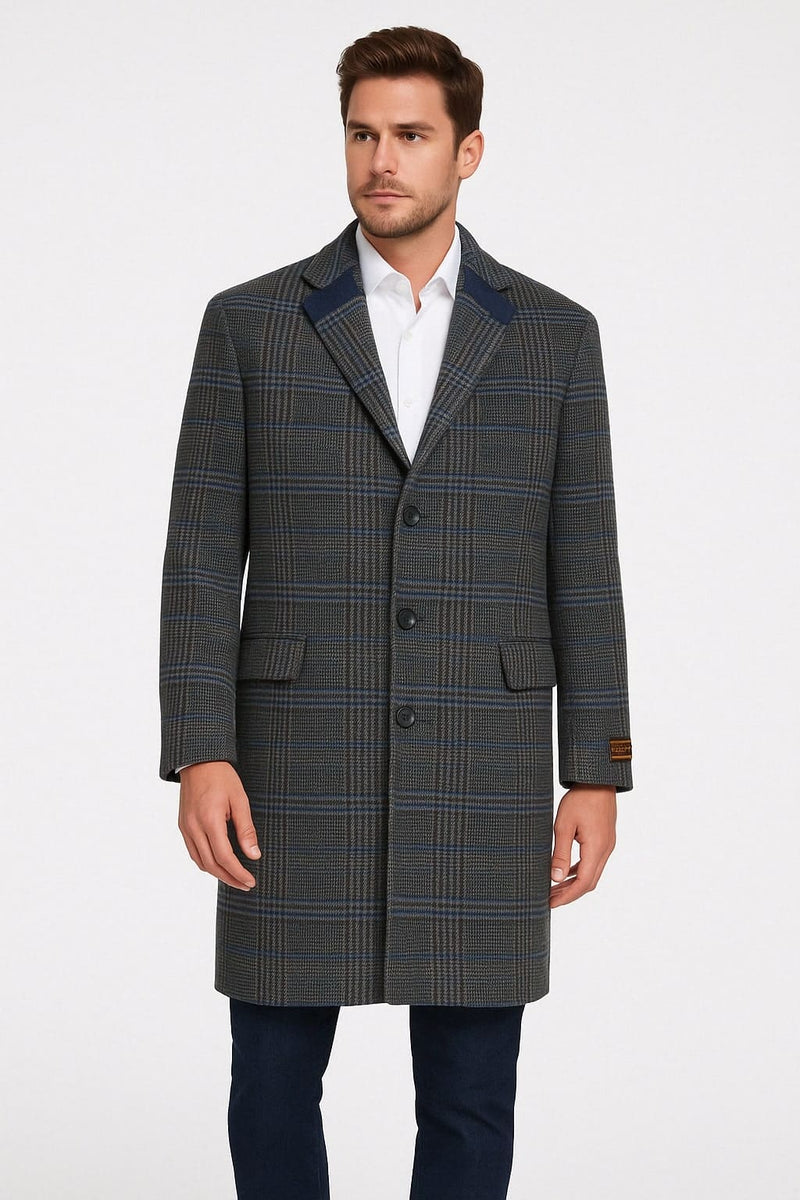 Mens Blue and Grey Glen Plaid Wool Overcoat - Classic Long Winter Coat - Chesterfield Blue Collar