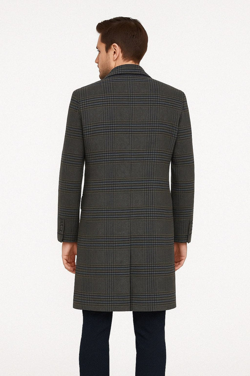 Mens Blue and Grey Glen Plaid Wool Overcoat - Classic Long Winter Coat - Chesterfield Blue Collar