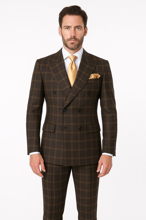 Rossiman Classic Wool Suit – Brown Windowpane Plaid Double-Breasted Formalwear