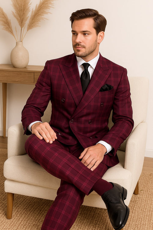 Burgundy Plaid Suit for Men – Rossiman Double-Breasted Windowpane Two-Piece