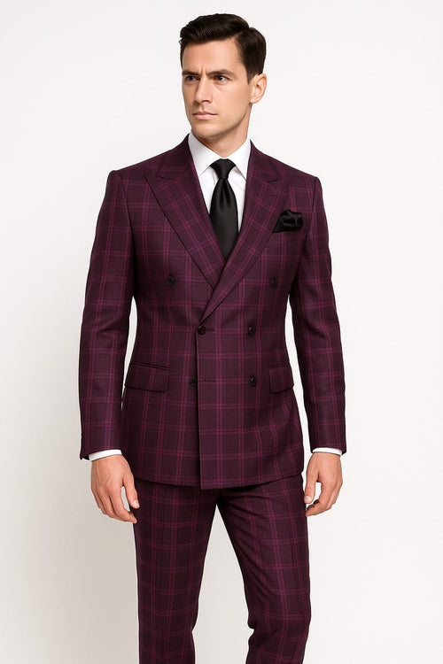Men's Burgundy Plaid Double-Breasted Suit – Classic Windowpane Formal Two-Piece Suit By Rossiman