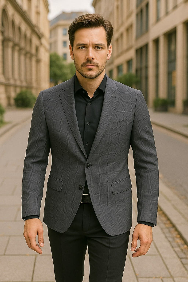 Men's Charcoal Grey Checkered Sport Coat – Classic Plaid Windowpane Pattern Blazer