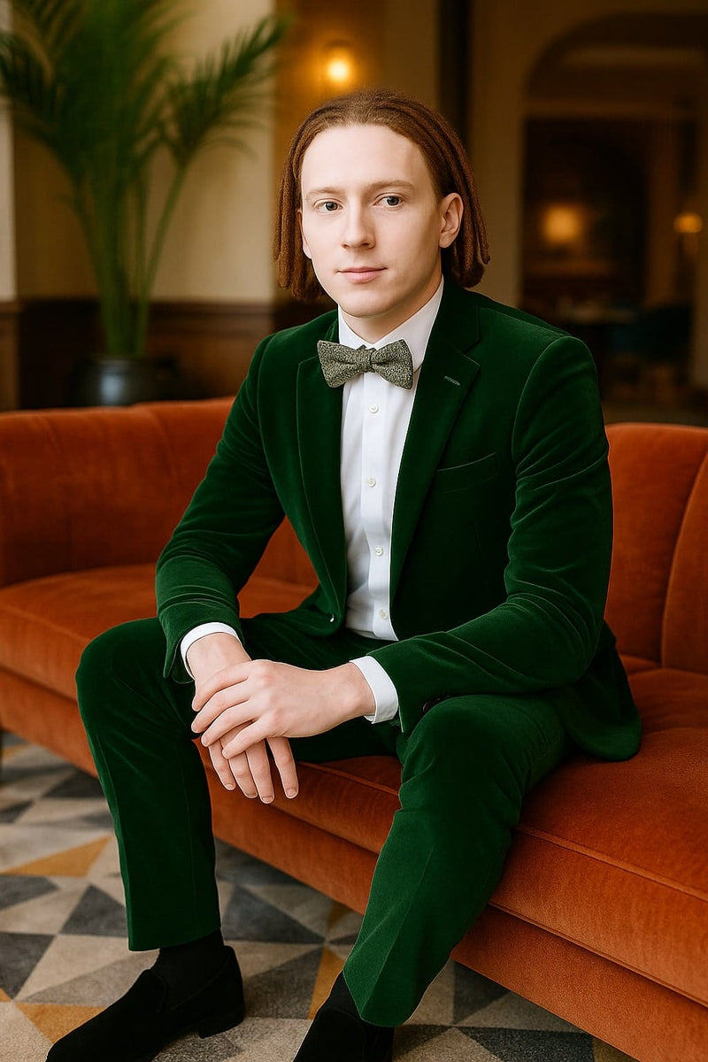 Mens Emerald Green Velvet Suits - Slim Fit Tuxedo for Weddings, Prom, and Red Carpet Events