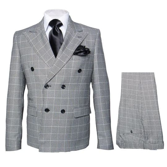 Men's Grey Glen Plaid Double-Breasted Suit – Classic Prince of Wales Check Two-Piece Set By Rossiman