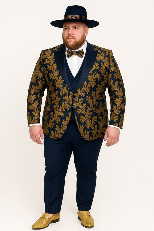 Men's Navy Blue and Gold Baroque Tuxedo Suit with Matching Vest and Bow Tie - Luxury Formalwear