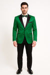 Men's Sateen Emerlad Green Tuxedo Jacket with Black Satin Lapel and Bow Tie – Slim Fit Prom and Party Blazer