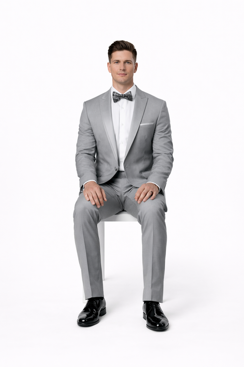 Men's Slim Fit One Button Satin Trim Peak Lapel Prom & Wedding Flat Front Pants Tuxedo In Light Grey