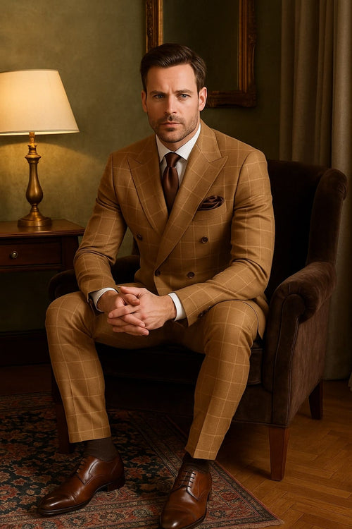 Men's Tan Plaid Double-Breasted Suit – Classic Windowpane Two-Piece Formal Suit - Camel Color Suit By Rossiman