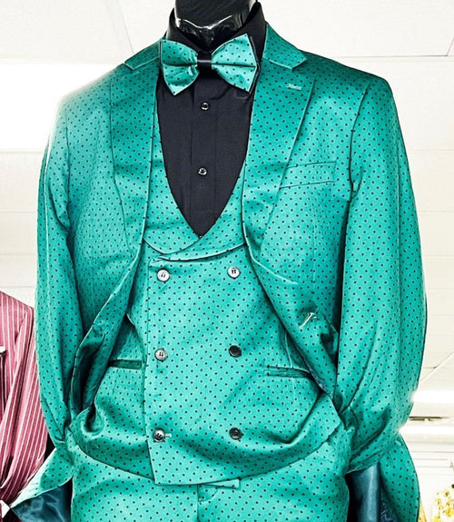 Men's Teal Green Polka Dot Tuxedo with Matching Vest and Bow Tie