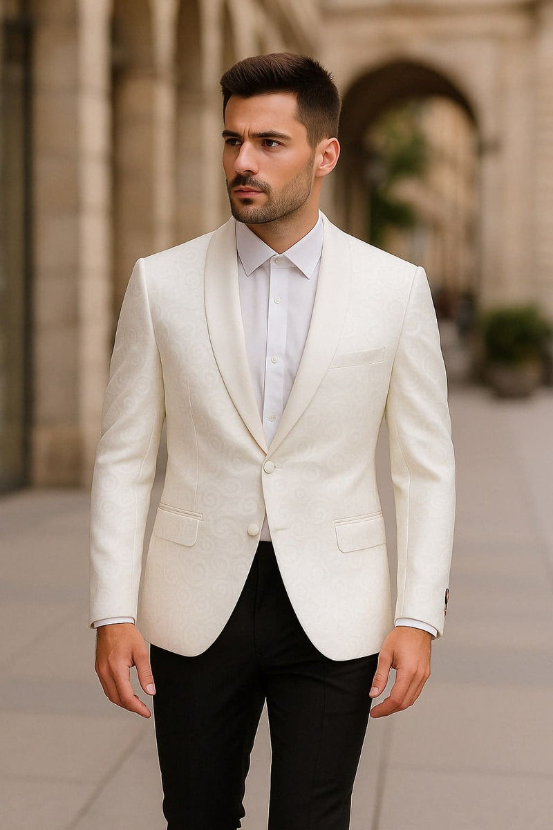Mens White Tuxedo Dinner Jacket Swirl Pattern Tuxedo Jacket with White Satin Shawl Lapel - Paisley Pattern